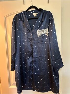 Morgan Taylor Navy Satin Polka Dot Night dress with Lace Pocket